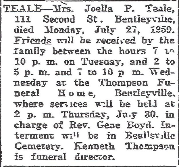 Joella P. Teal funeral notice
